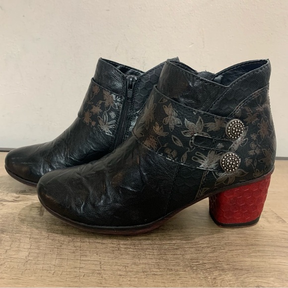 Women's REMONTE Black Leather FLORAL Equestrian RED HEEL Ankle BOOTS Booties 38 - Picture 3 of 8